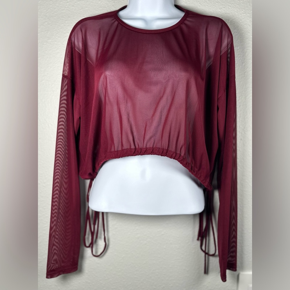 Jasmine Burgundy Sheer Mesh Long Sleeve Tie Crop Top Size Medium